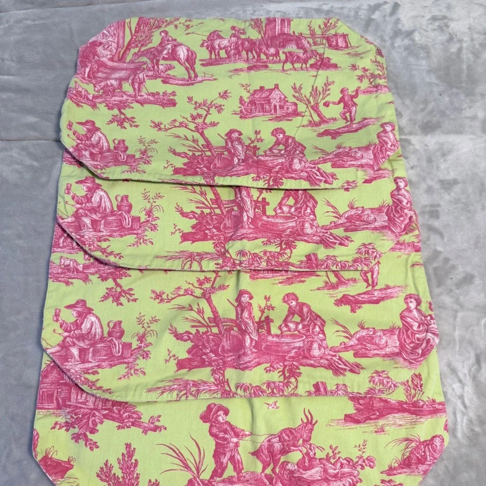 Williams Sonoma Toile Placemats & Napkins Set 8 Pc Green Pink Cotton Table Linen